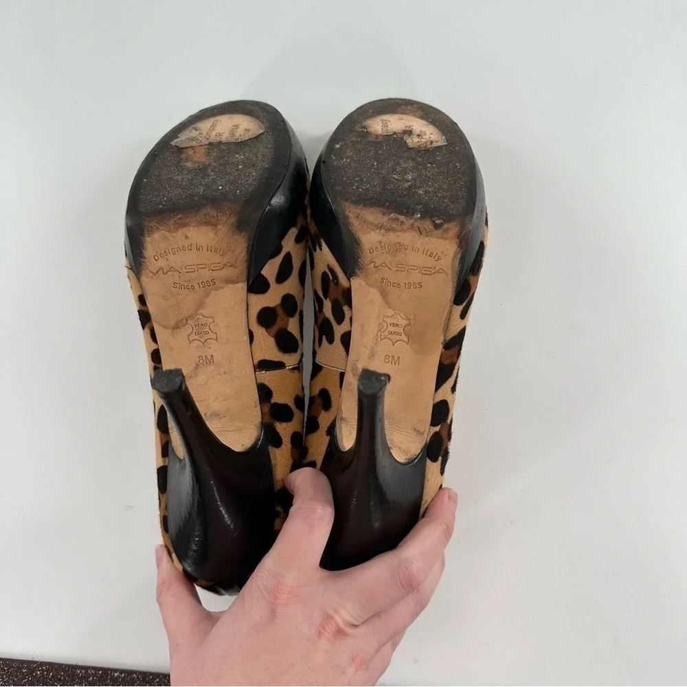 Via Spiga heels size 8 black Italian leather cheetah print calf hair platforms